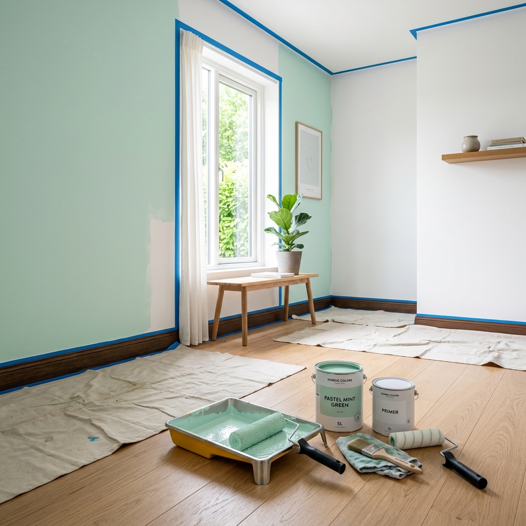 A worker painting drywall with a roller brush