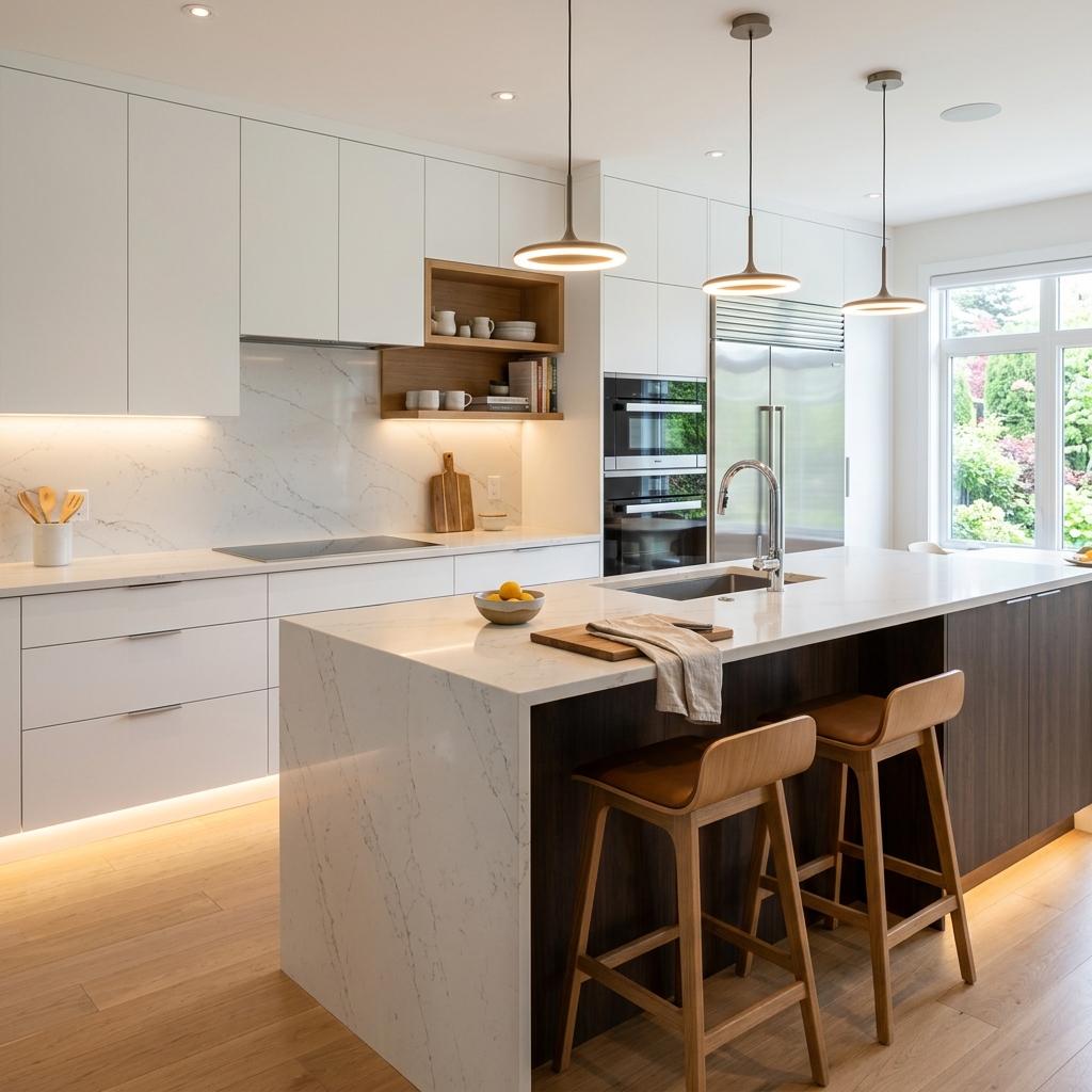 Beautiful modern kitchen with large white quartz island and gold faucets